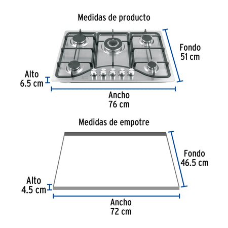 Parrilla gas empotrable 5 quem acero inox RIVIERA 75 cm