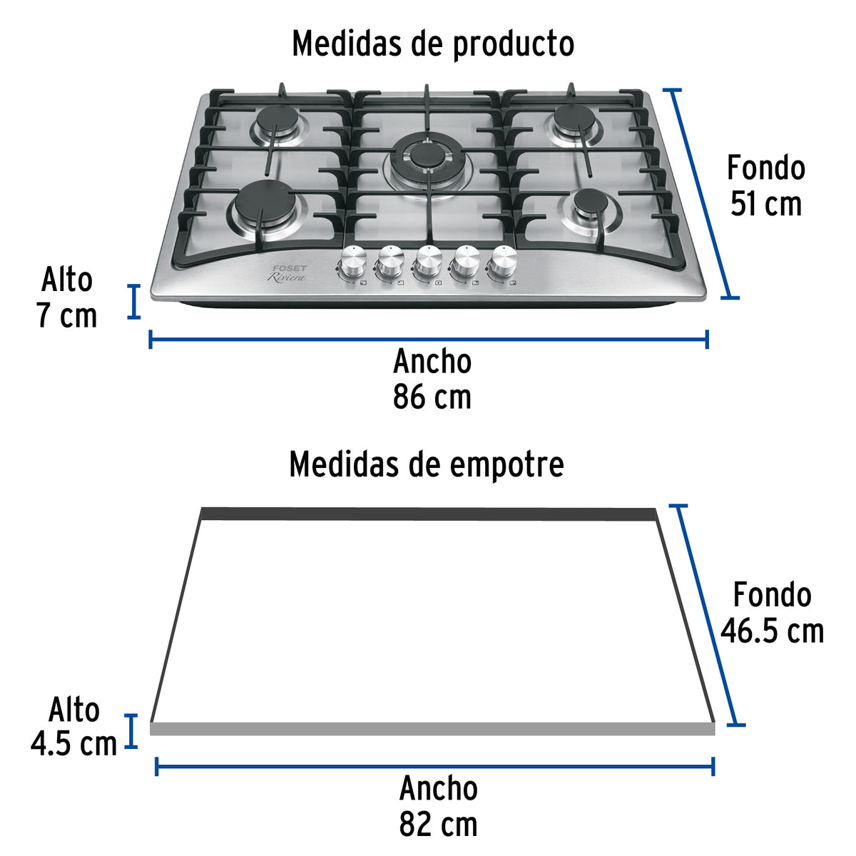 Parrilla gas empotrable 5 quem acero inox RIVIERA 90 cm