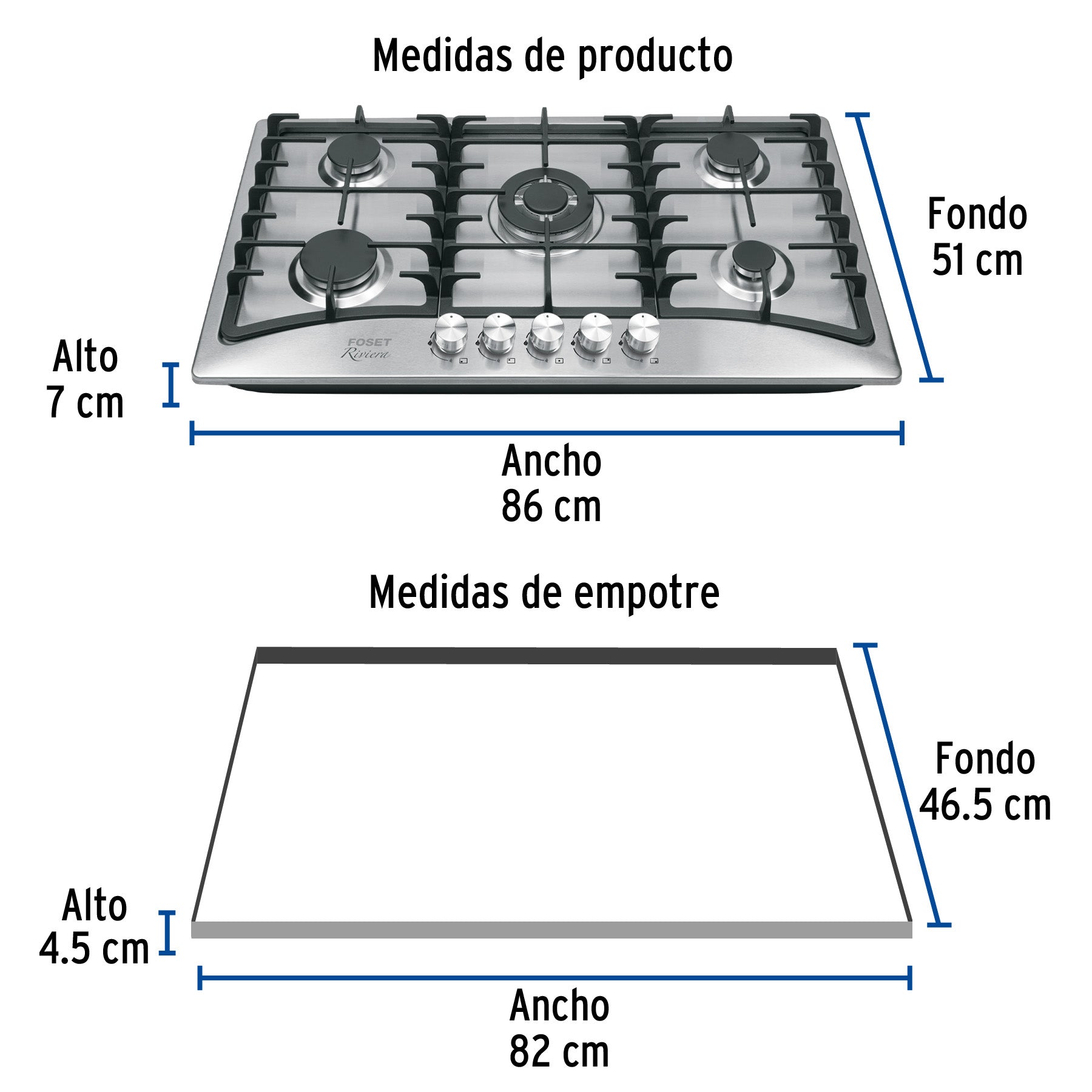 Parrilla gas empotrable 5 quem acero inox RIVIERA 90 cm