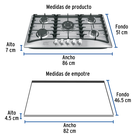 Parrilla gas empotrable 5 quem acero inox RIVIERA 90 cm