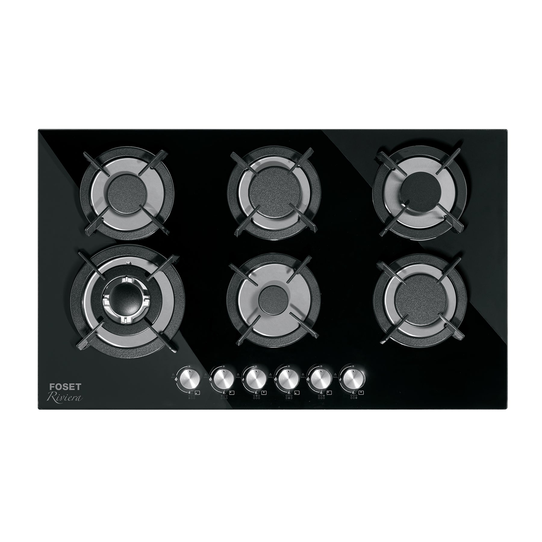 Parrilla gas empotrable 90cm 6 quem vidrio negro RIVIERA