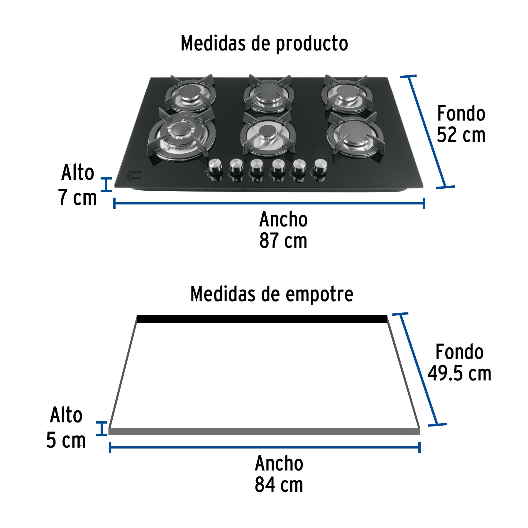 Parrilla gas empotrable 90cm 6 quem vidrio negro RIVIERA