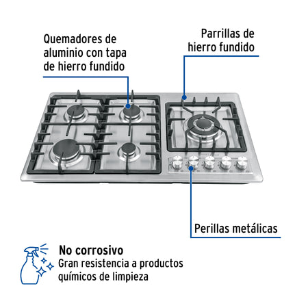Parrilla gas empotrable 90cm 5 quem lateral inox RIVIERA