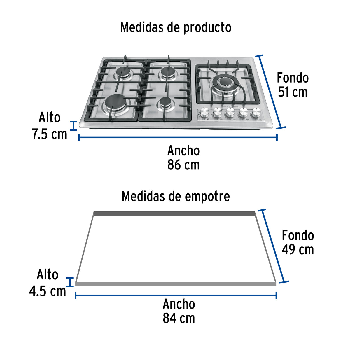 Parrilla gas empotrable 90cm 5 quem lateral inox RIVIERA