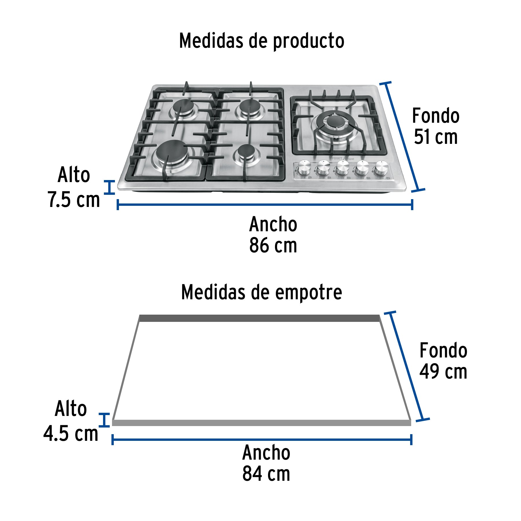 Parrilla gas empotrable 90cm 5 quem lateral inox RIVIERA