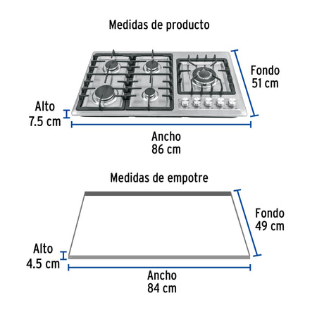 Parrilla gas empotrable 90cm 5 quem lateral inox RIVIERA
