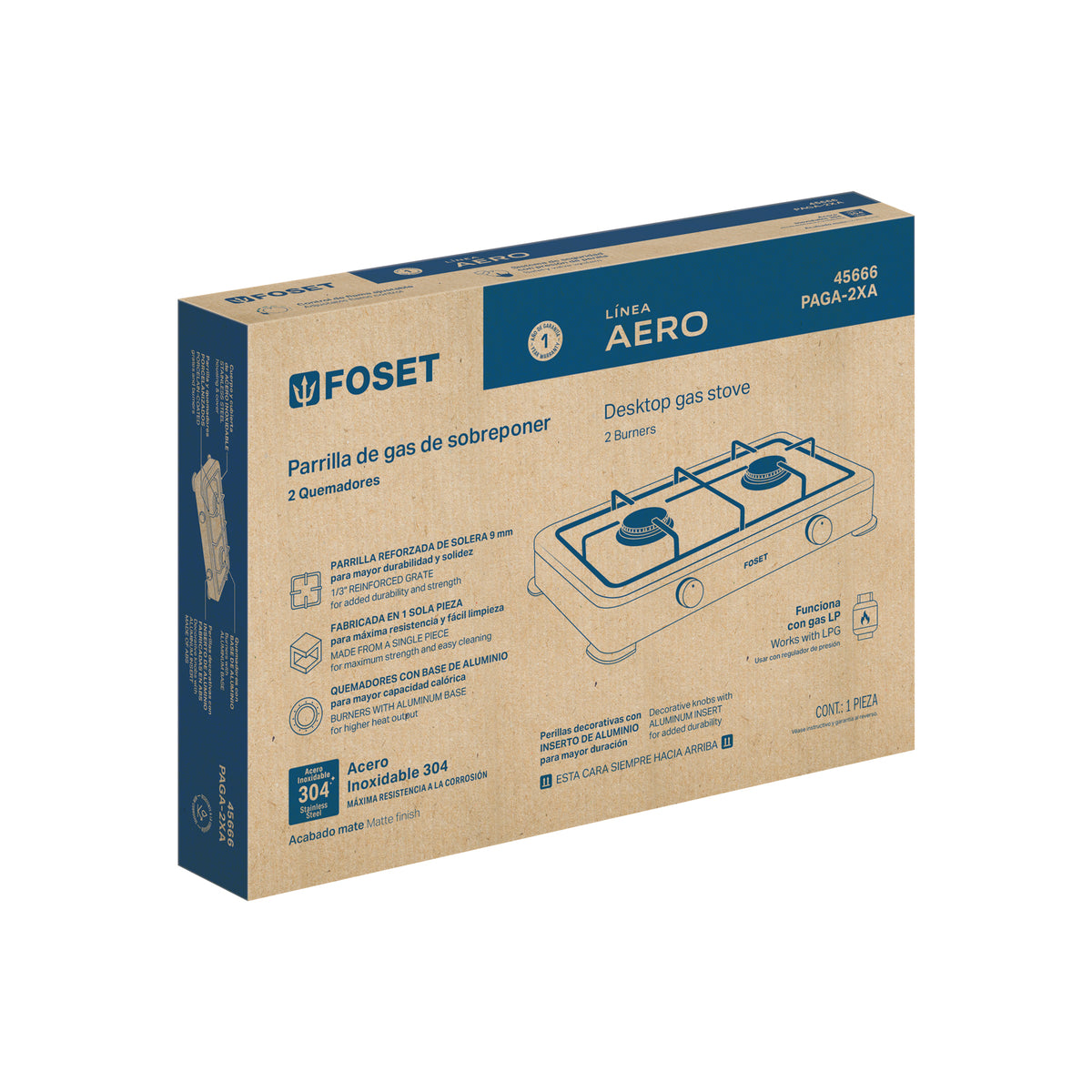 Parrilla de gas de sobreponer,2 quemadores, inox, FOSET AERO