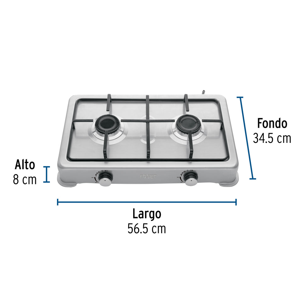 Parrilla de gas de sobreponer,2 quemadores, inox, FOSET AERO