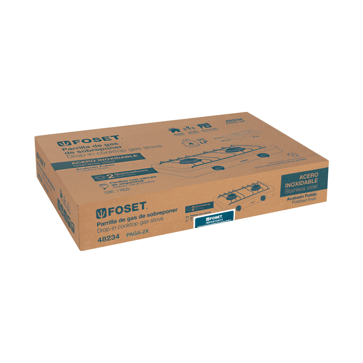 Parrilla de gas de sobreponer 2 quemadores inox FOSET