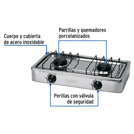 Parrilla de gas de sobreponer 2 quemadores inox FOSET