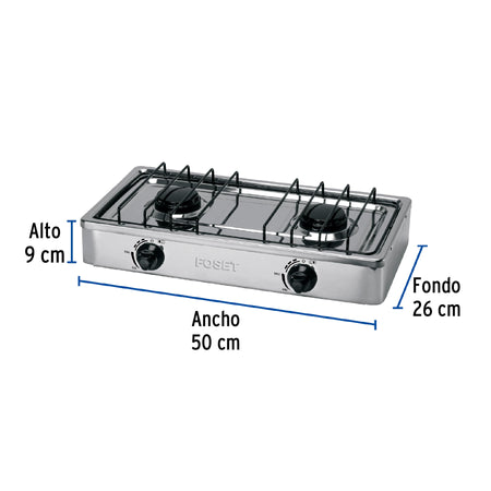 Parrilla de gas de sobreponer 2 quemadores inox FOSET