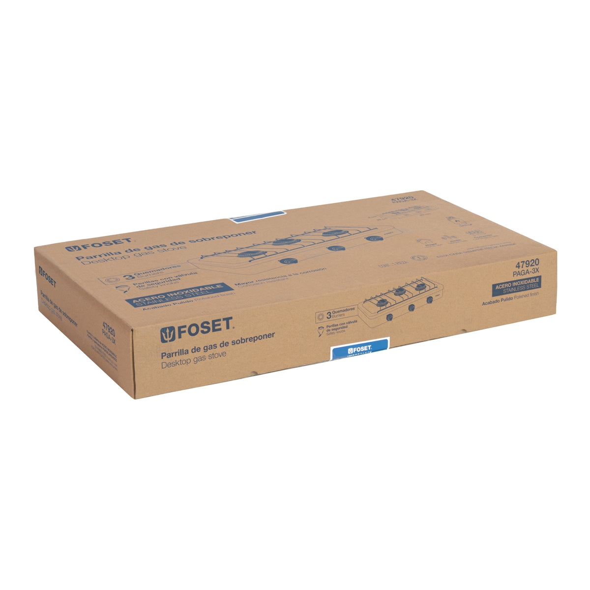 Parrilla de gas de sobreponer 3 quemadores inox FOSET