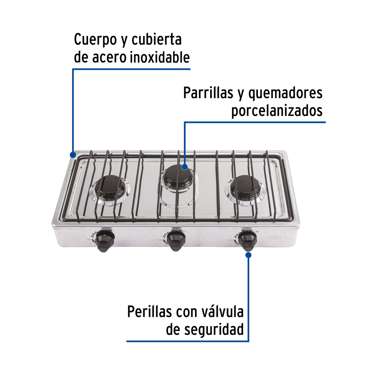 Parrilla de gas de sobreponer 3 quemadores inox FOSET