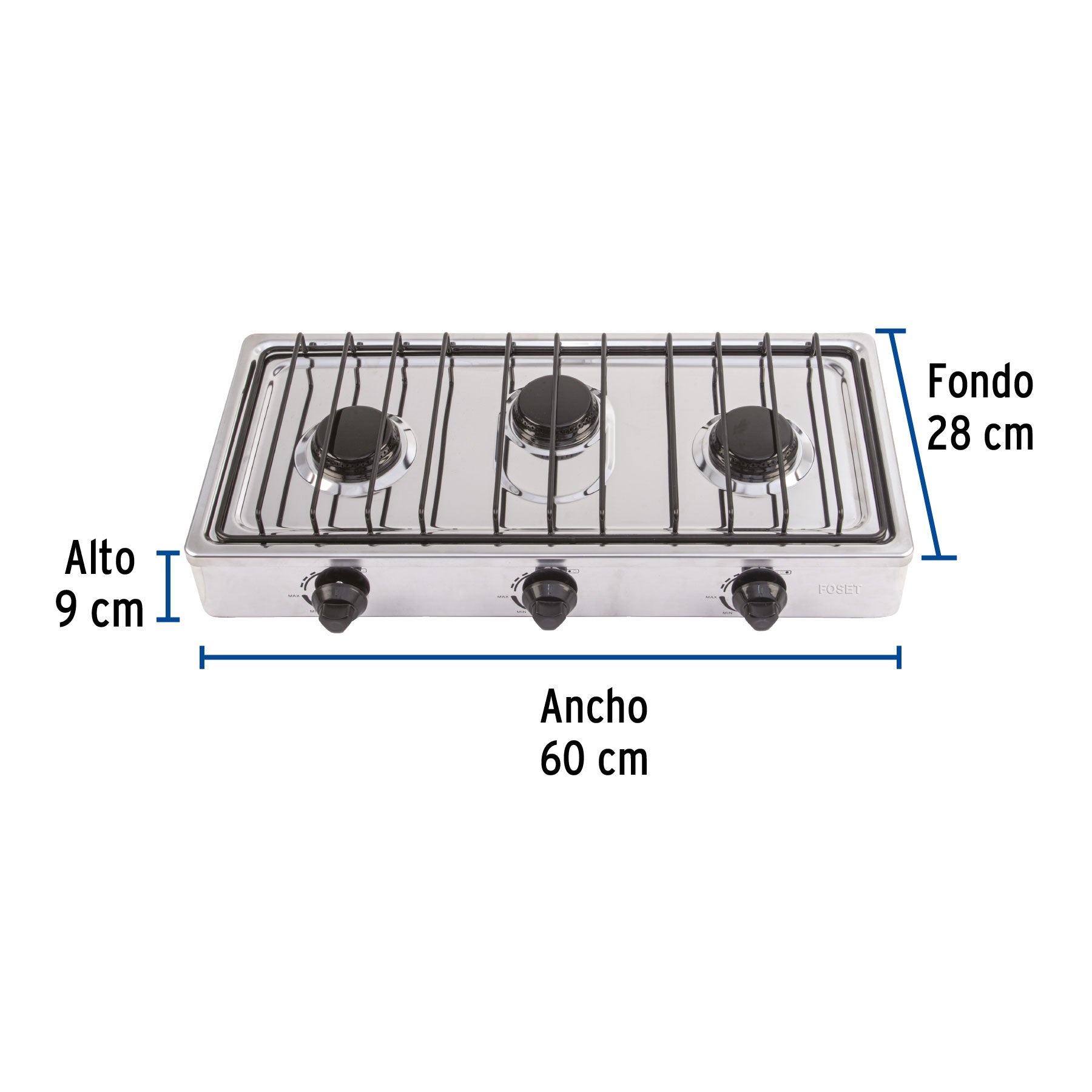 Parrilla de gas de sobreponer 3 quemadores inox FOSET