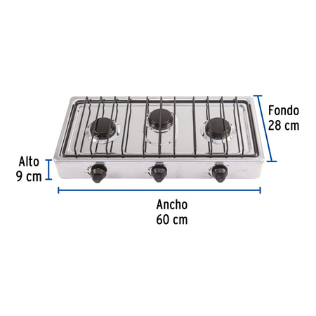 Parrilla de gas de sobreponer 3 quemadores inox FOSET