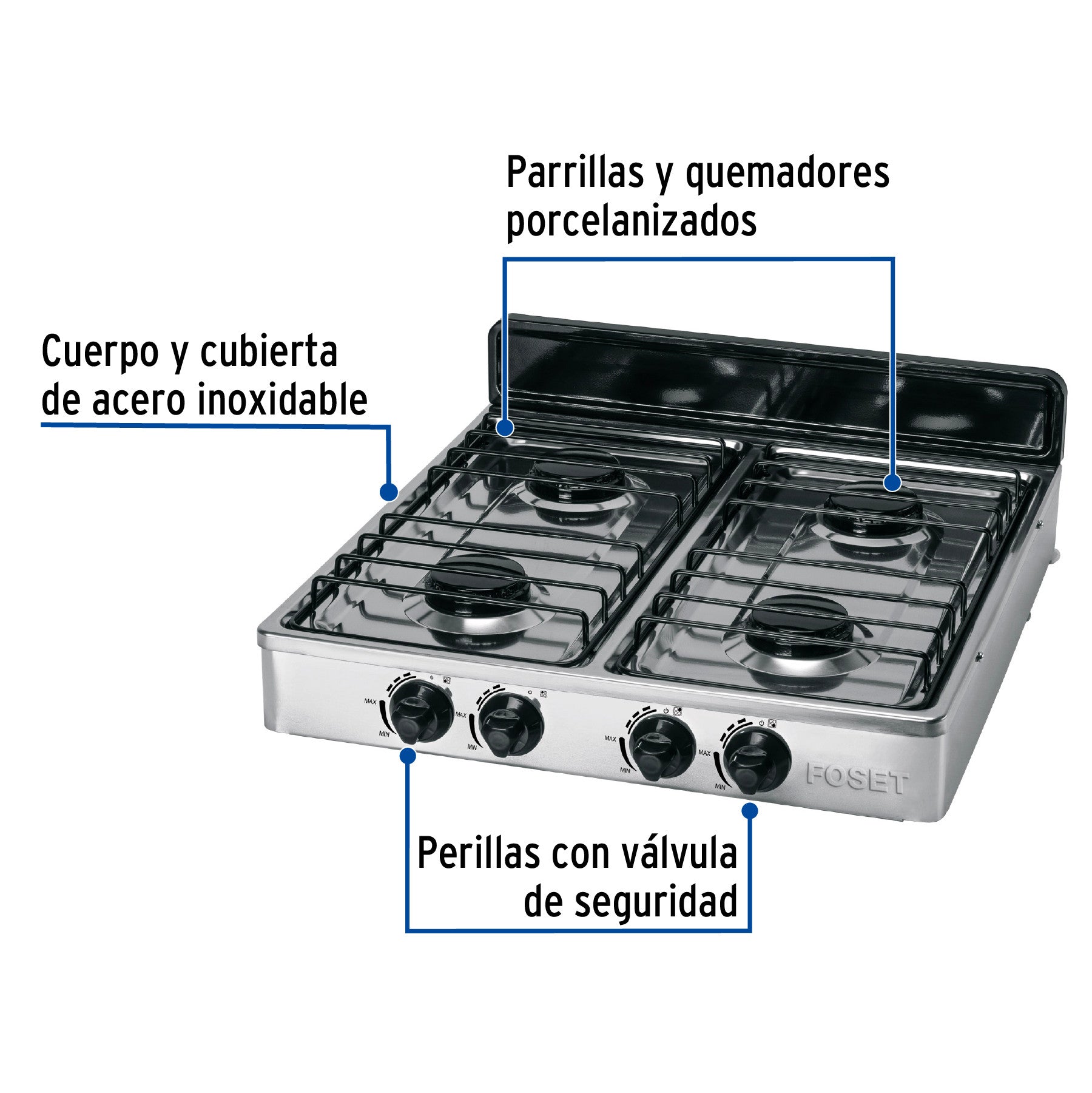 Parrilla de gas de sobreponer 4 quemadores, blanca, FOSET