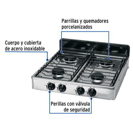 Parrilla de gas de sobreponer 4 quemadores, blanca, FOSET