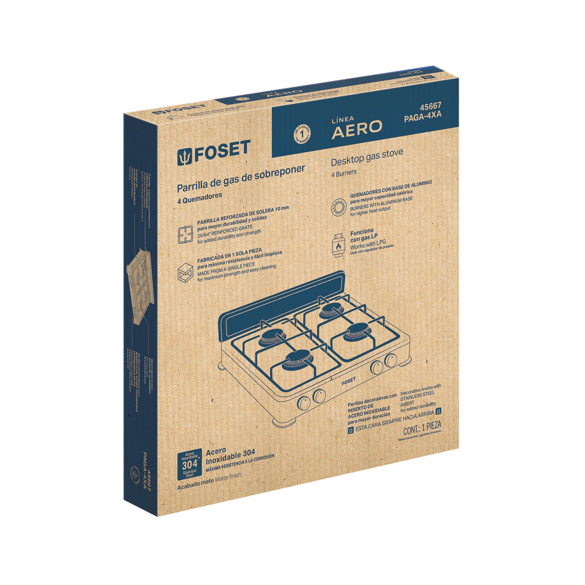 Parrilla de gas de sobreponer,4 quemadores, inox, FOSET AERO