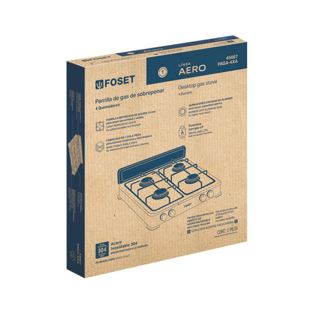 Parrilla de gas de sobreponer,4 quemadores, inox, FOSET AERO