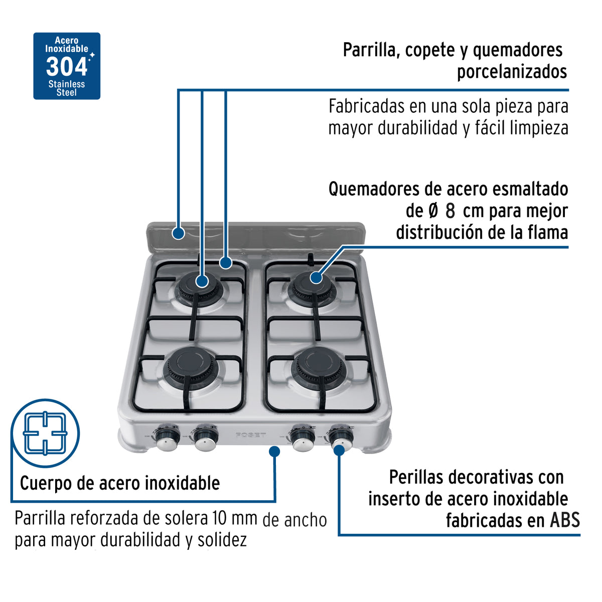 Parrilla de gas de sobreponer,4 quemadores, inox, FOSET AERO