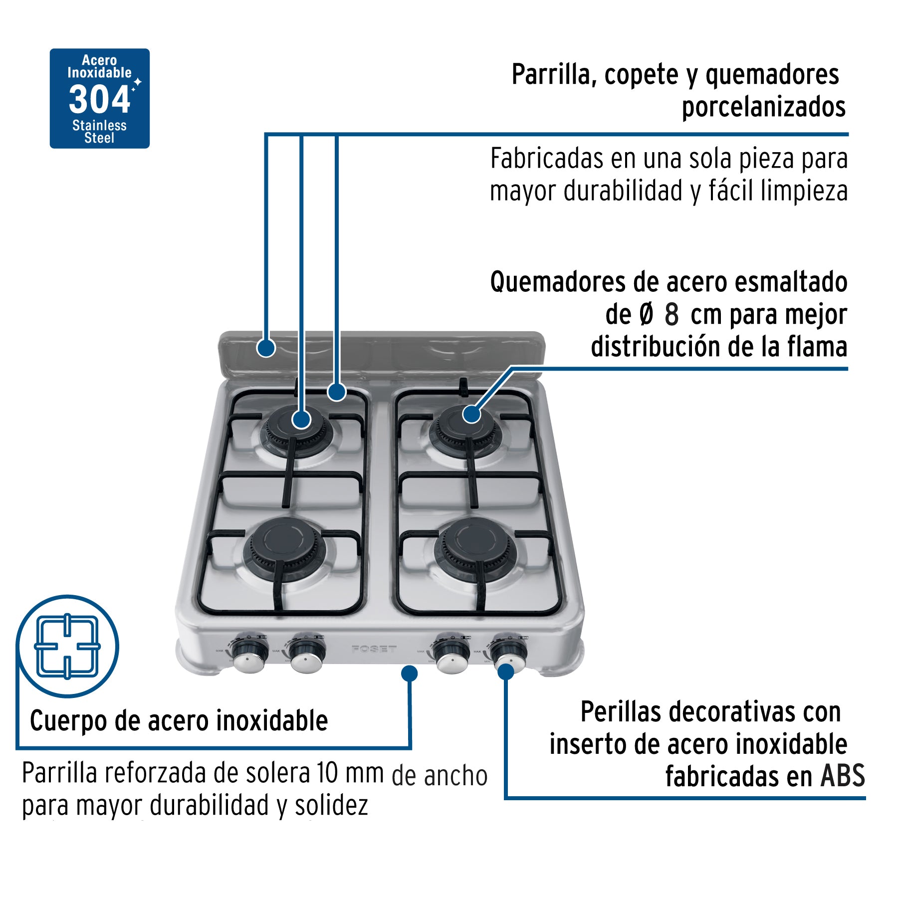 Parrilla de gas de sobreponer,4 quemadores, inox, FOSET AERO