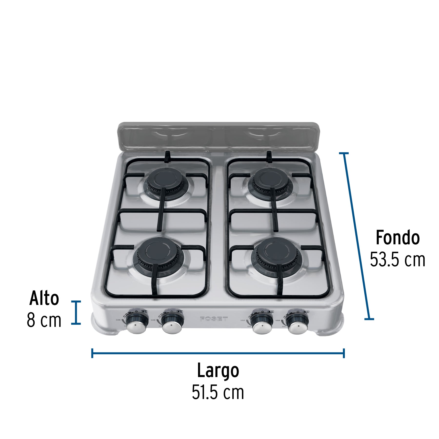 Parrilla de gas de sobreponer,4 quemadores, inox, FOSET AERO