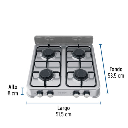Parrilla de gas de sobreponer,4 quemadores, inox, FOSET AERO