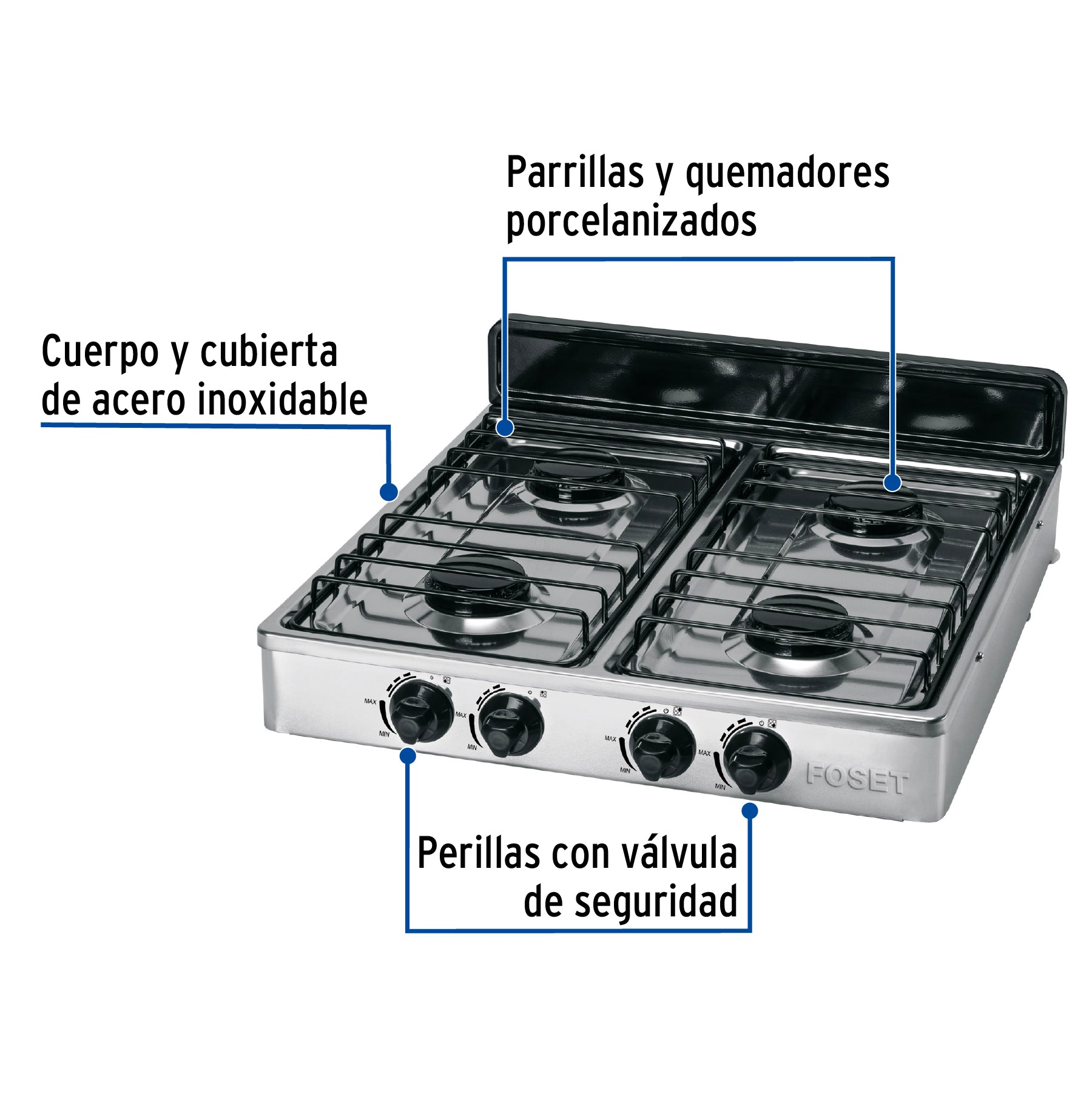 Parrilla de gas de sobreponer 4 quemadores inox FOSET