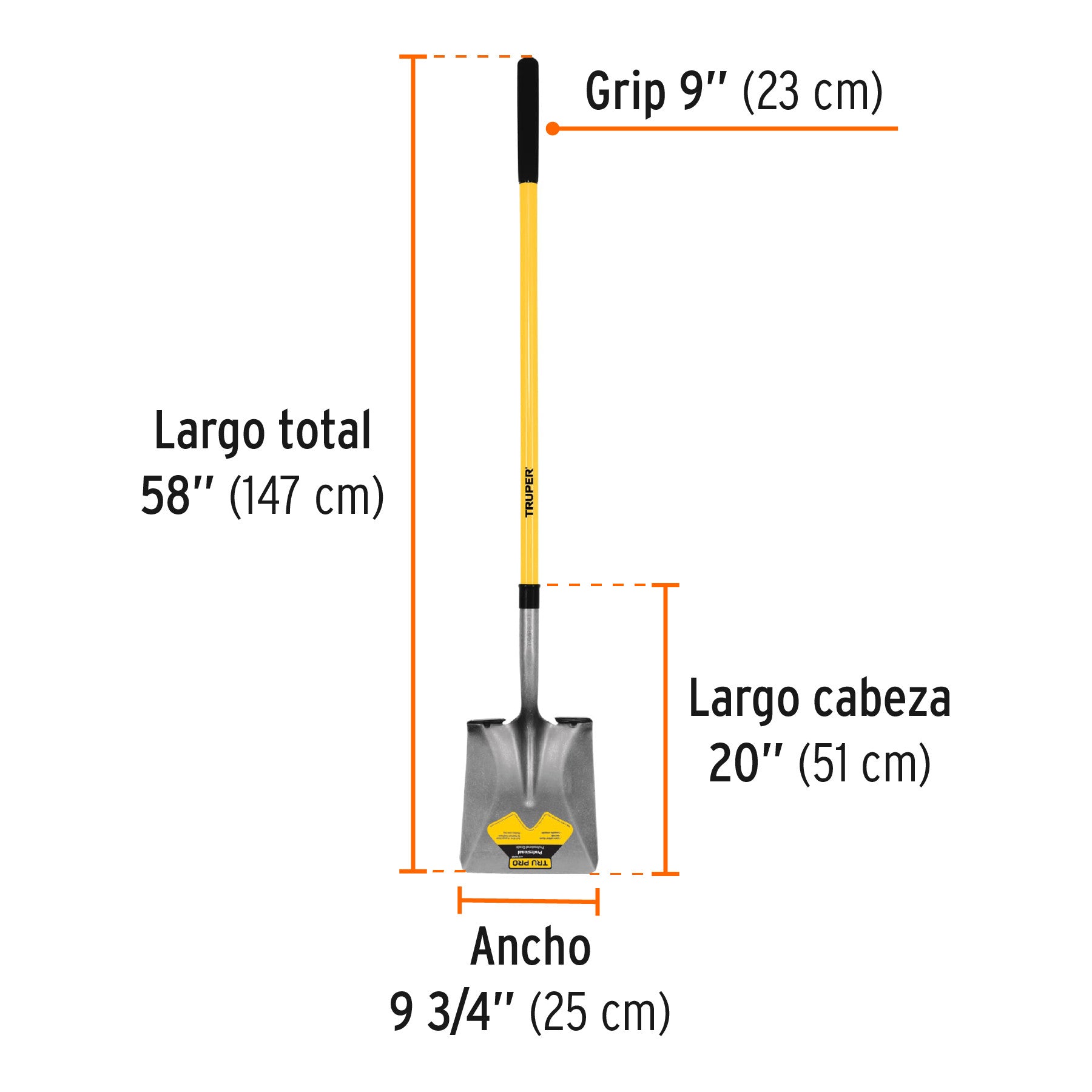 Pala cuadrada Tru Pro, mango largo de fibra de vidrio 48'