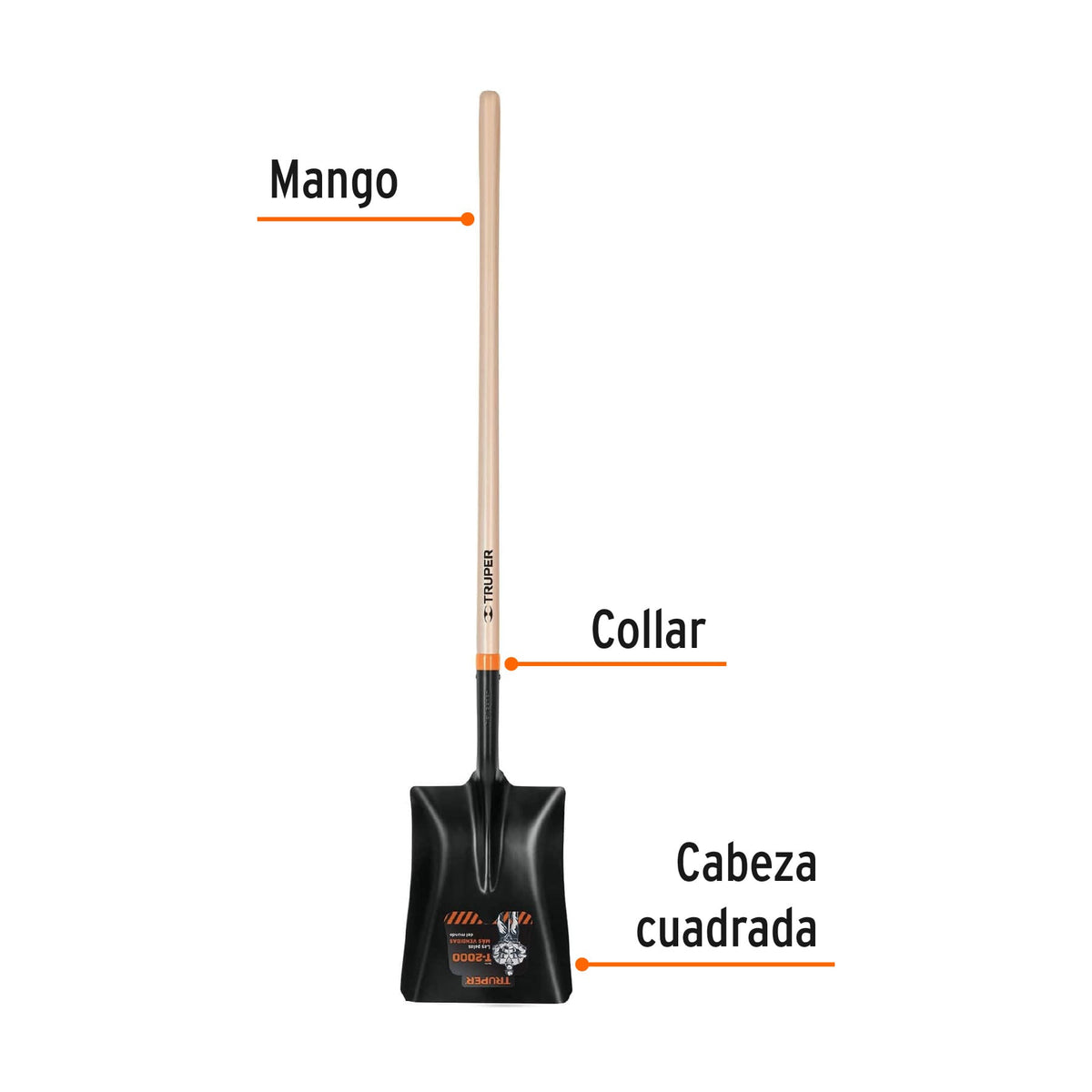 Pala T-2000 cuadrada, tipo español, mango largo 41', Truper