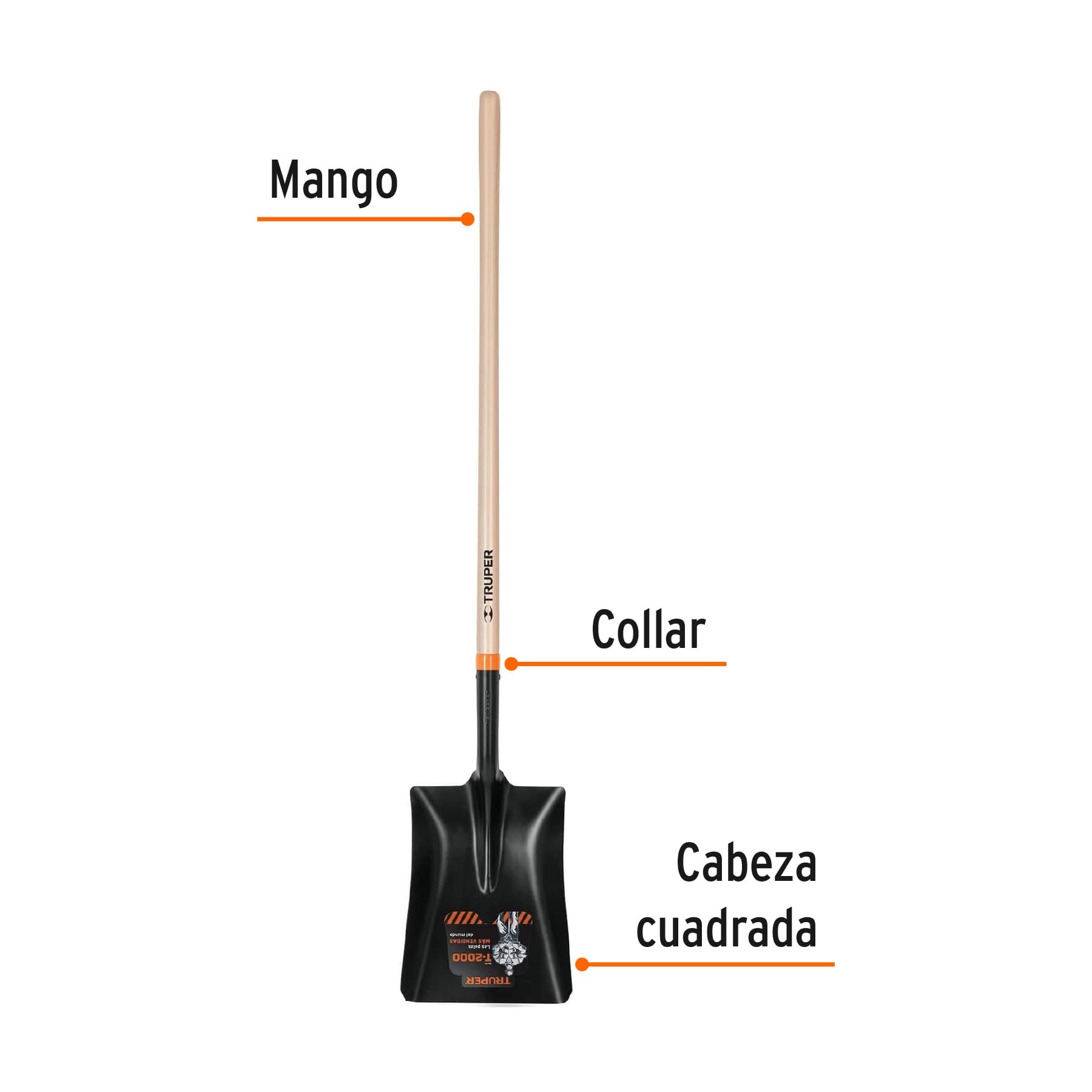Pala T-2000 cuadrada, tipo español, mango largo 41', Truper