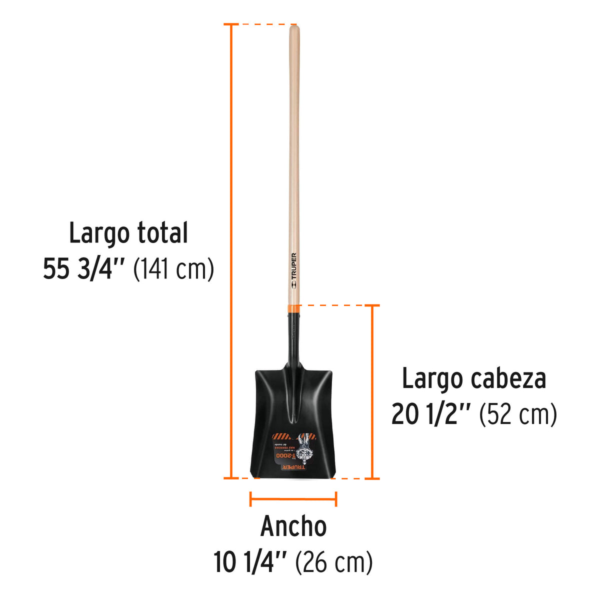 Pala T-2000 cuadrada, tipo español, mango largo 41', Truper