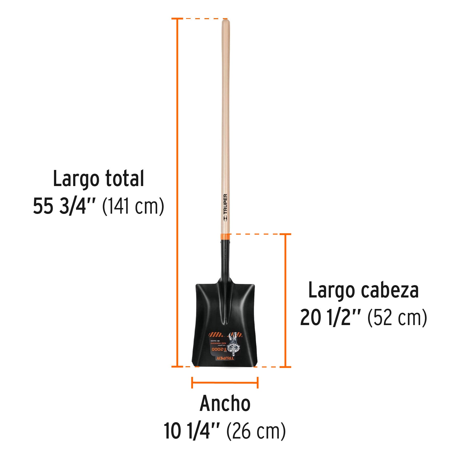 Pala T-2000 cuadrada, tipo español, mango largo 41', Truper