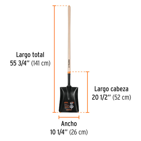 Pala T-2000 cuadrada, tipo español, mango largo 41', Truper