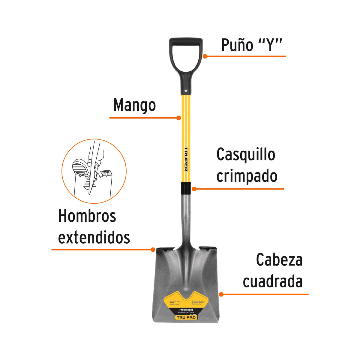 Pala cuadrada Tru Pro, puño 'Y', mango de fibra de vidrio