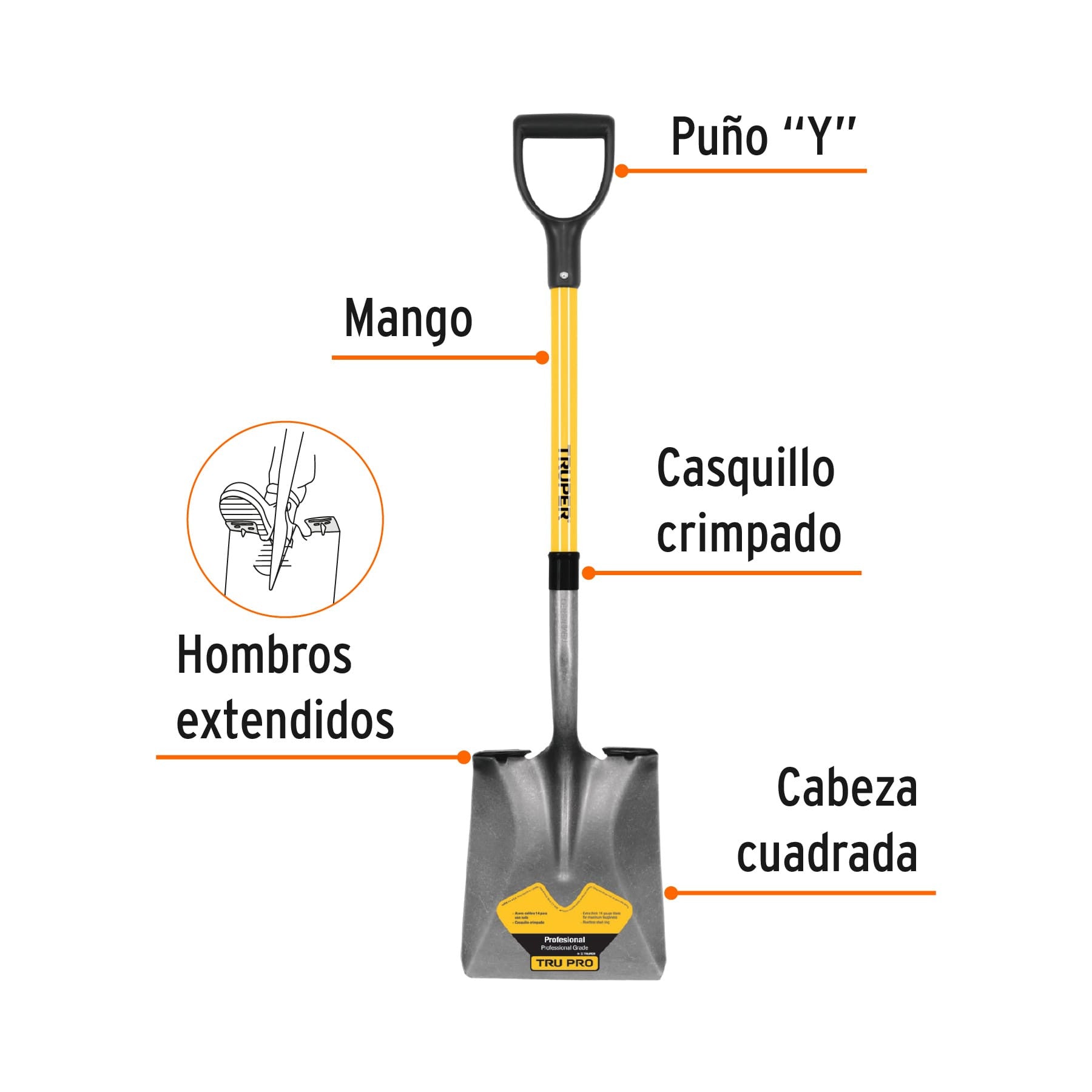 Pala cuadrada Tru Pro, puño 'Y', mango de fibra de vidrio