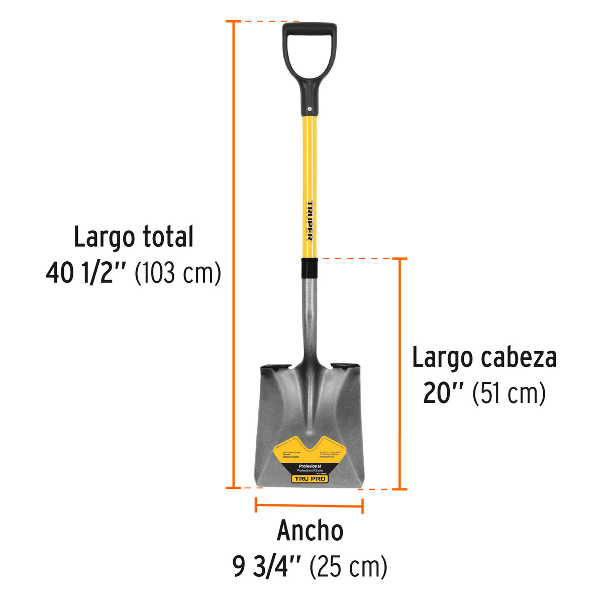Pala cuadrada Tru Pro, puño 'Y', mango de fibra de vidrio