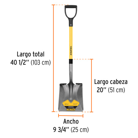 Pala cuadrada Tru Pro, puño 'Y', mango de fibra de vidrio