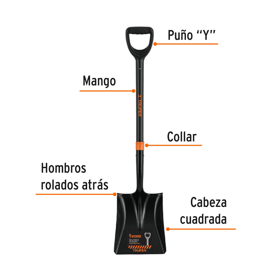 Pala cuadrada T-2000, puño 'Y' mango fibra de vidrio, Truper