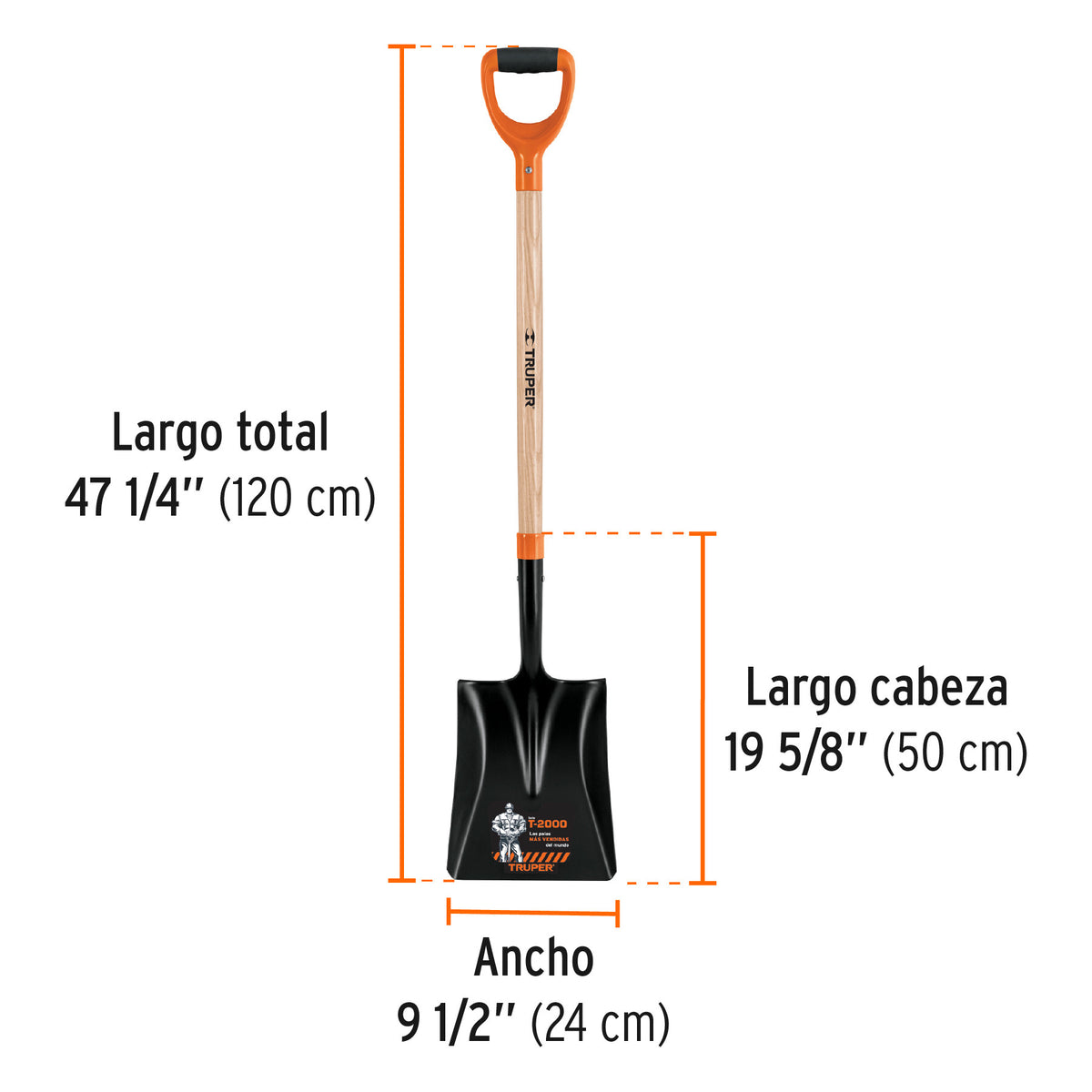 Pala cuadrada T-2000, puño offset 'Y', mango 36', Truper