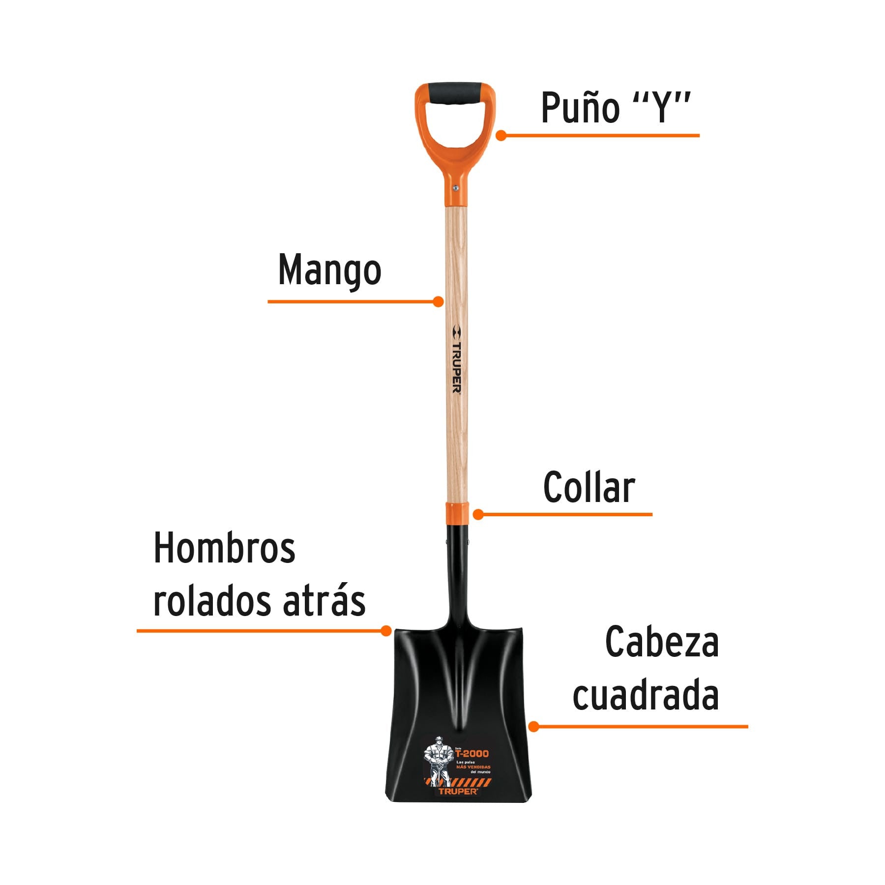 Pala cuadrada T-2000, puño offset 'Y', mango 36', Truper