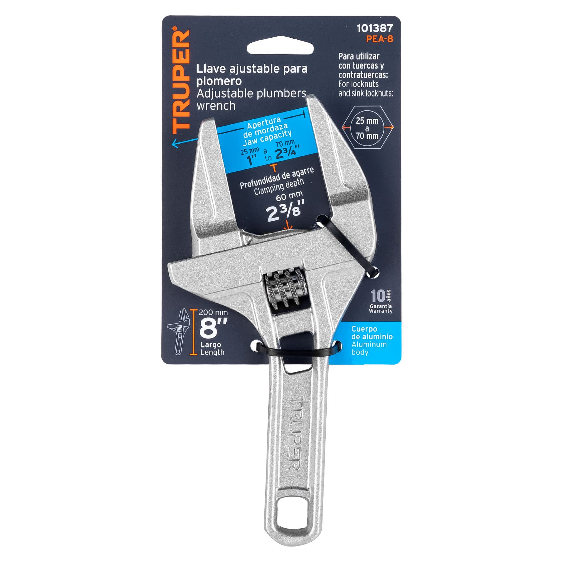 Llave ajustable 8' para plomero, apertura 3', TRUPER