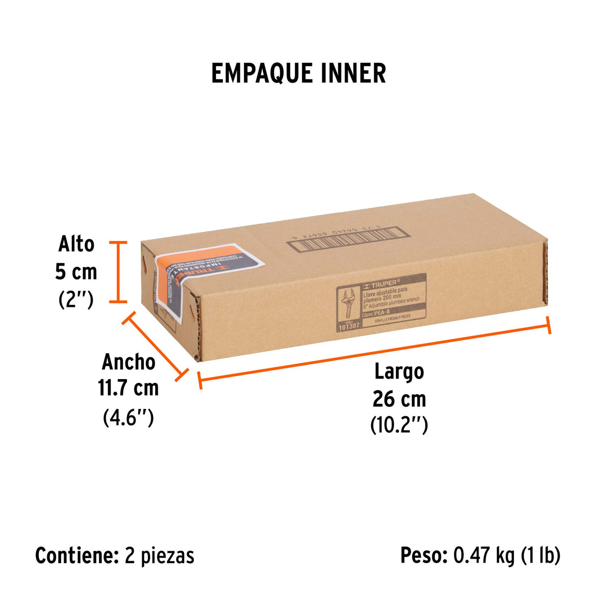 Llave ajustable 8' para plomero, apertura 3', TRUPER