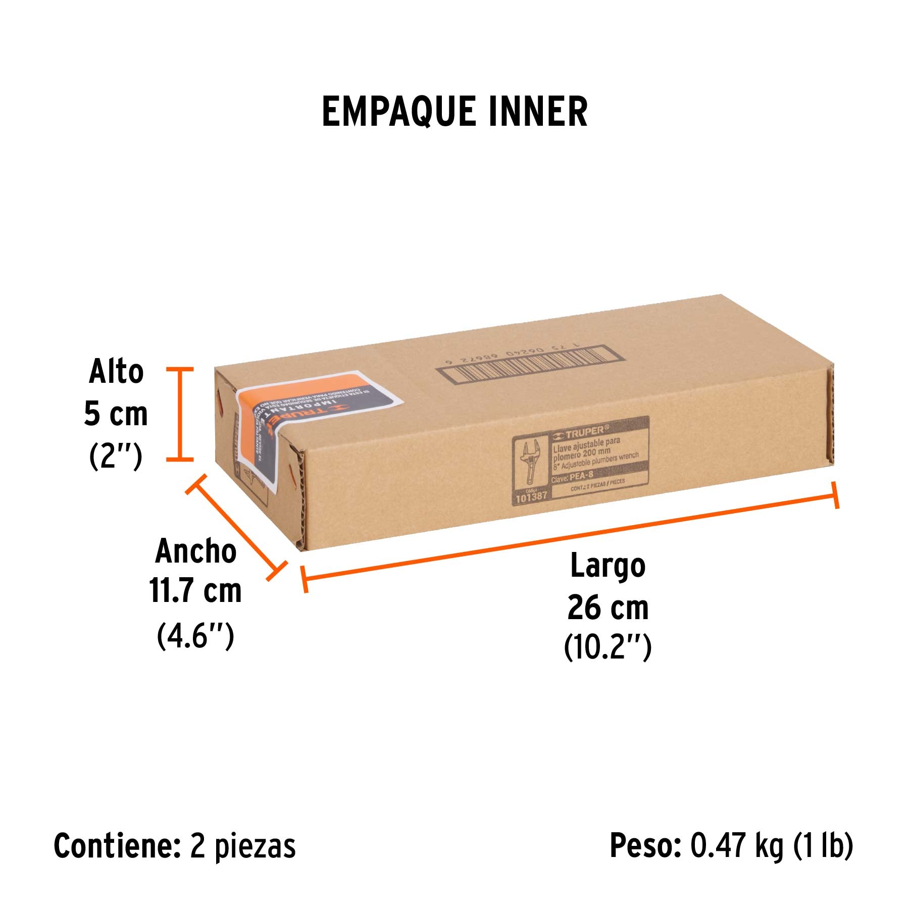 Llave ajustable 8' para plomero, apertura 3', TRUPER