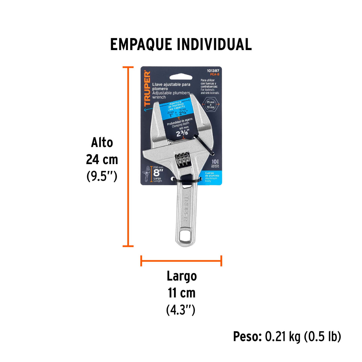 Llave ajustable 8' para plomero, apertura 3', TRUPER