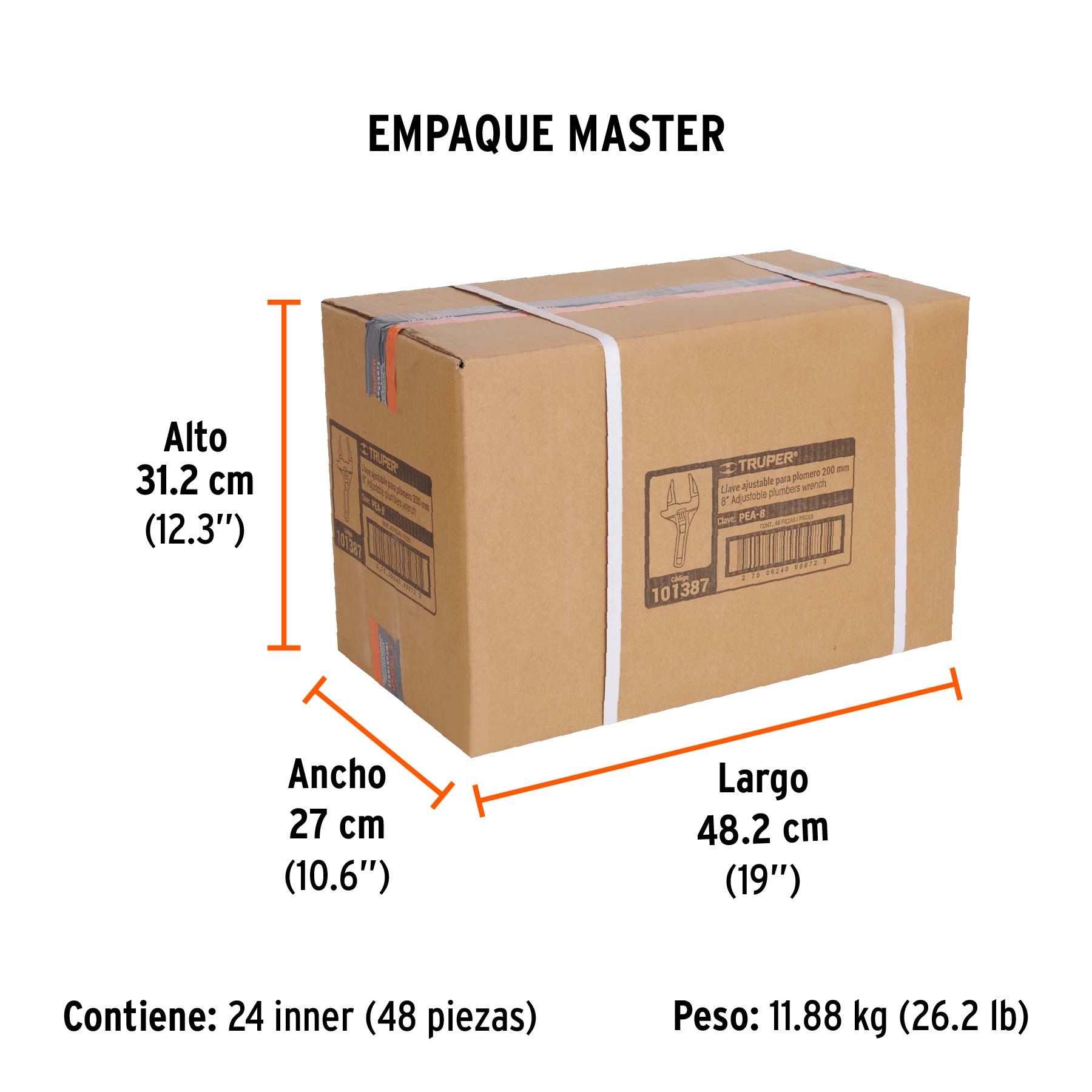 Llave ajustable 8' para plomero, apertura 3', TRUPER