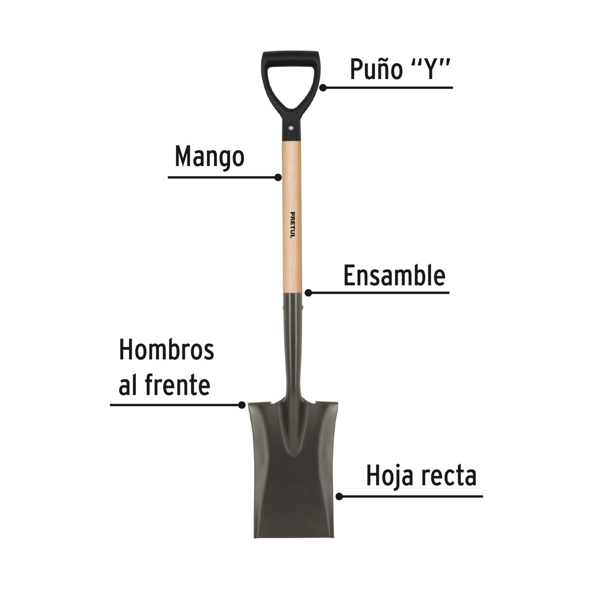 Pala escarramán, mango madera, puño 'Y', Pretul