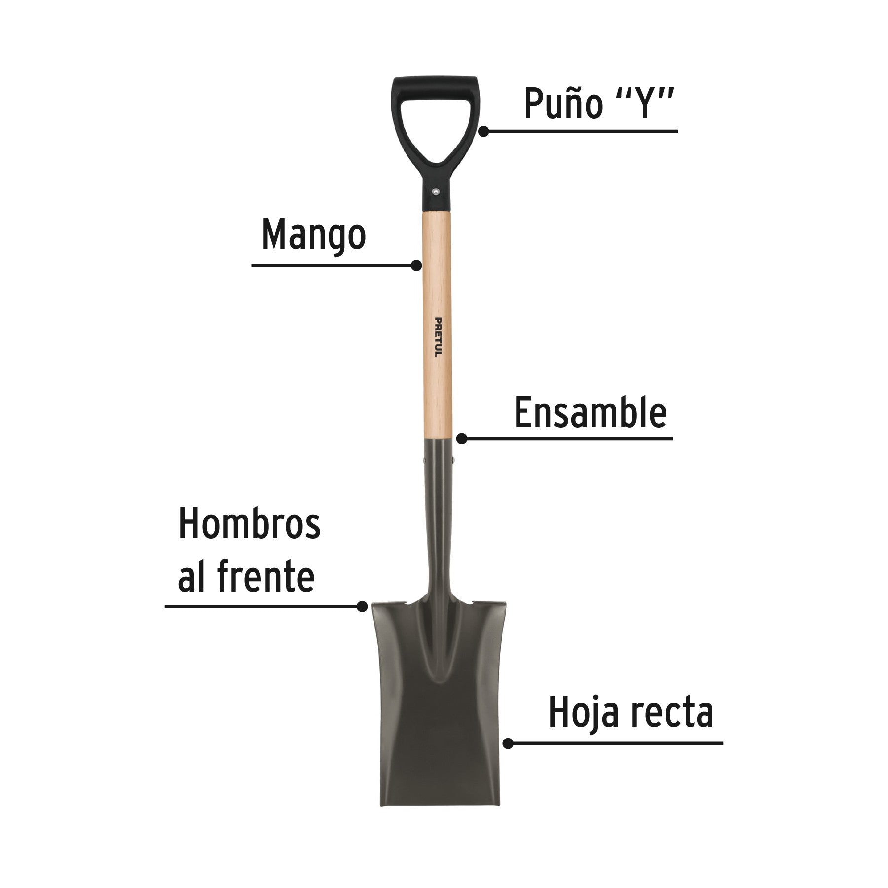 Pala escarramán, mango madera, puño 'Y', Pretul