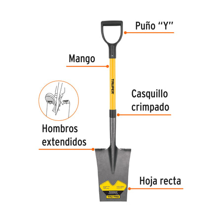 Pala escarramán Tru Pro, puño 'Y', mango de fibra de vidrio