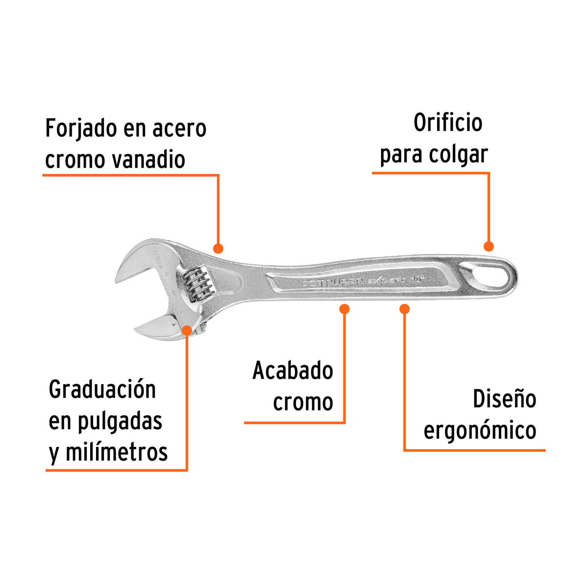Llave ajustable (perico) 10' profesional cromada, Expert 10'